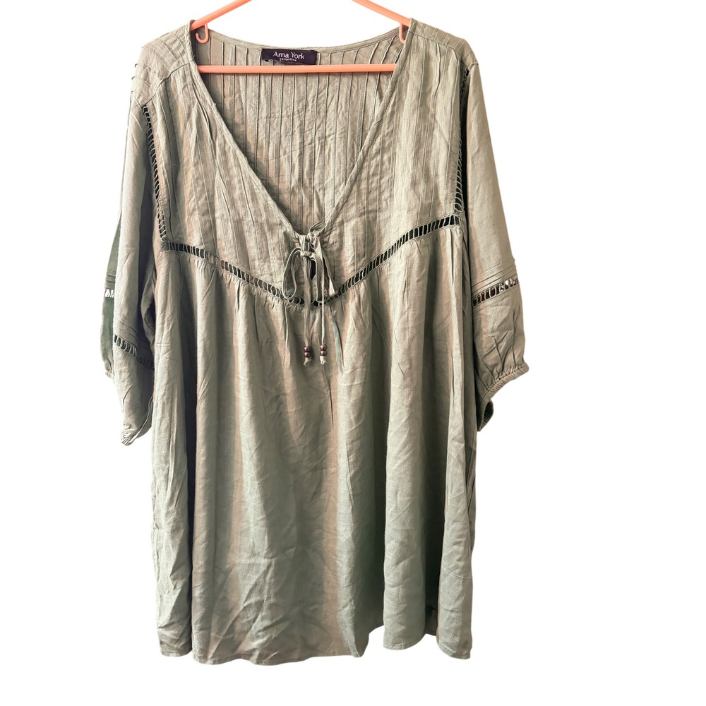 Arna York Collection Sage Green Pintuck Lace Trim V-Neck Boho Tunic Top Womens